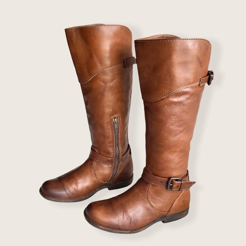 Frye Phillip Riding Knee High Cognac Real Leather Tall Buckle Vintage Low Boots - Picture 9 of 14